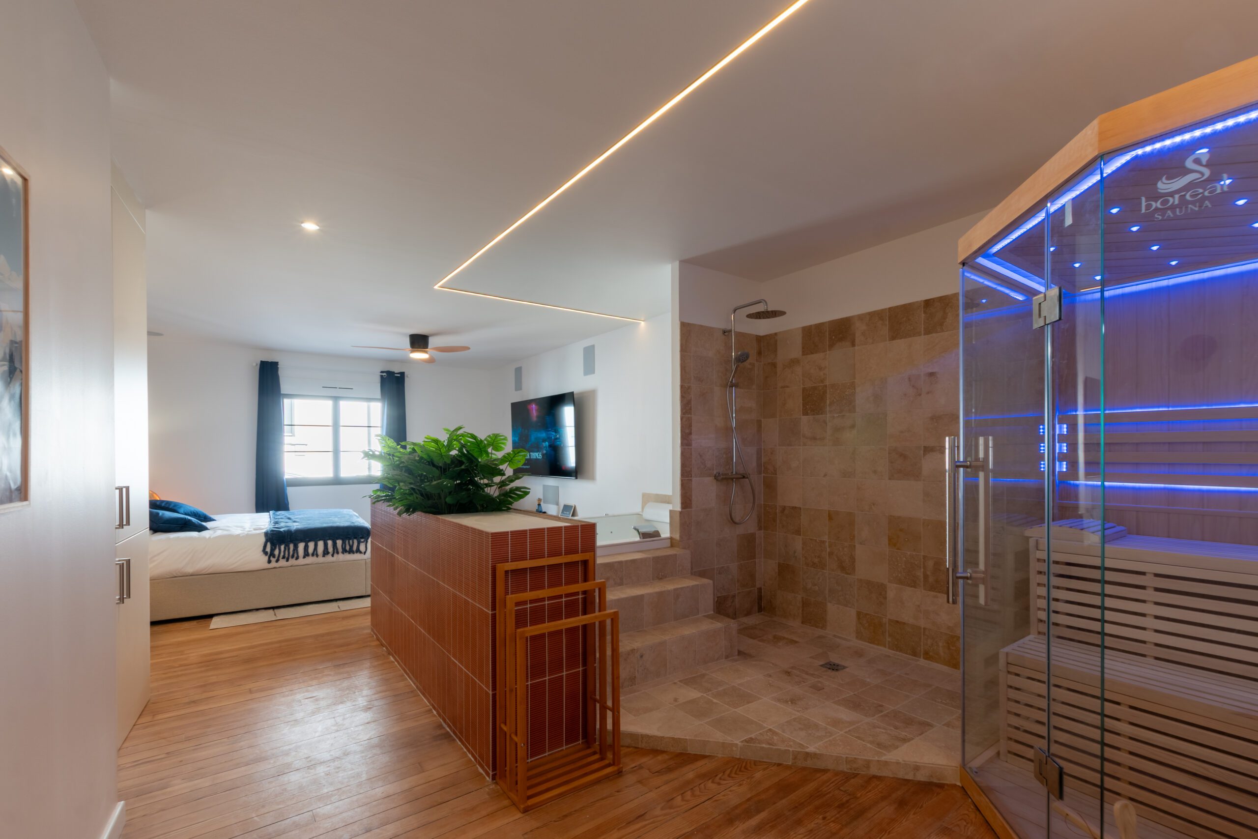 Photo de la suite Pic du Midi au coeur de Tarbes avec son lit, sauna, balneo et home cinema